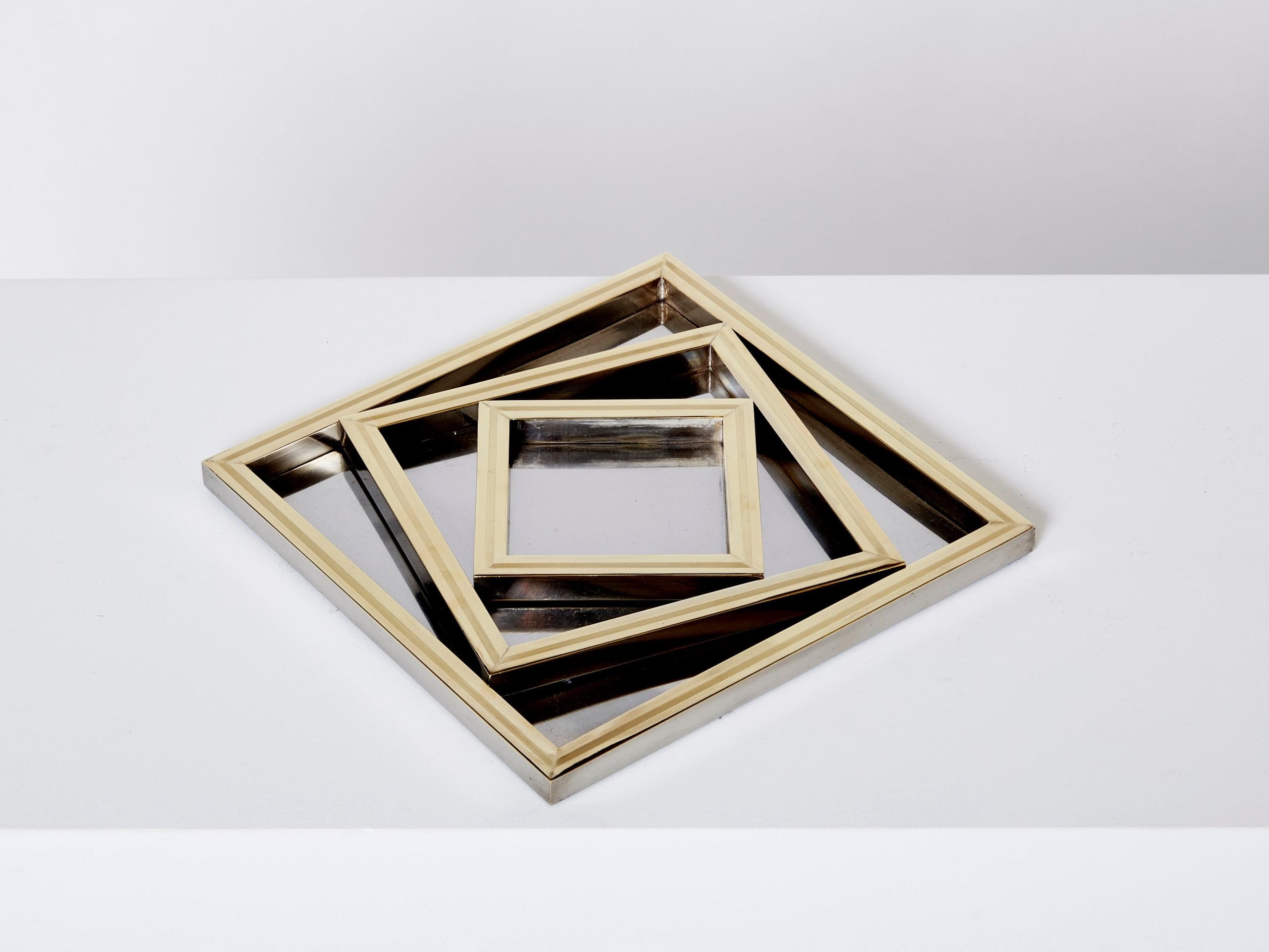 Ensemble de Plateaux Gigognes en Acier et Laiton par Willy Rizzo, Années 1970