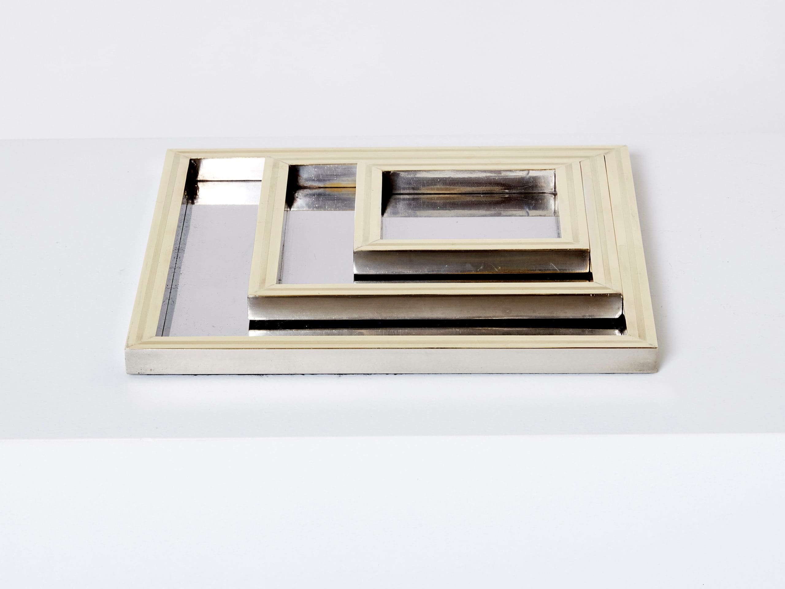 Ensemble de Plateaux Gigognes en Acier et Laiton par Willy Rizzo, Années 1970