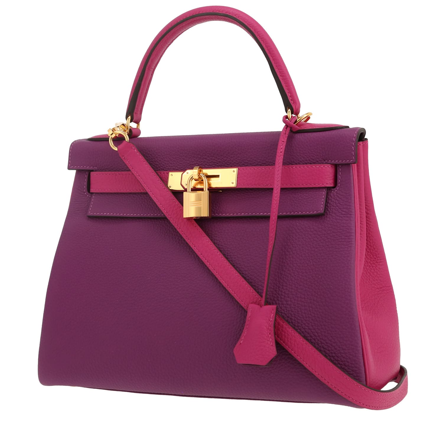 Sac à main Hermès Kelly 28 cm en cuir togo bicolore violet et rose – État comme neuf