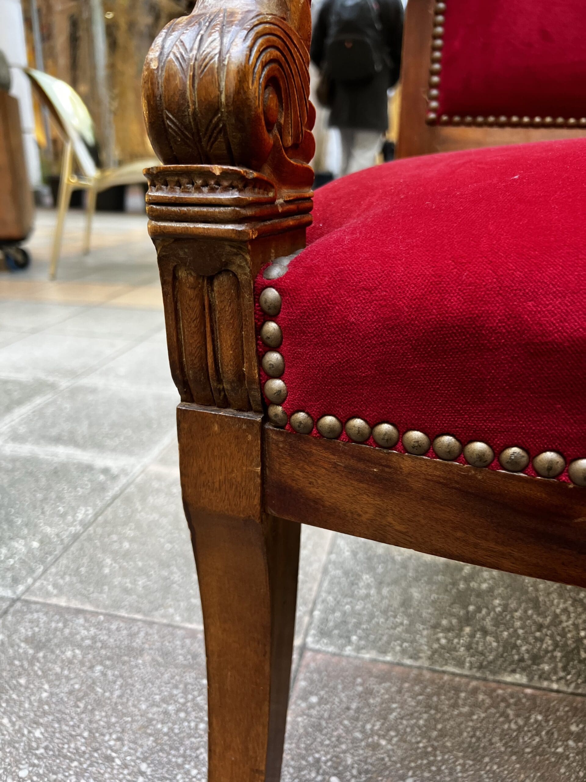 Fauteuil Empire en Acajou avec Velours Rouge