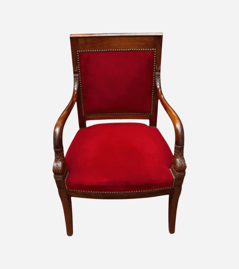 Fauteuil Empire en Acajou avec Velours Rouge