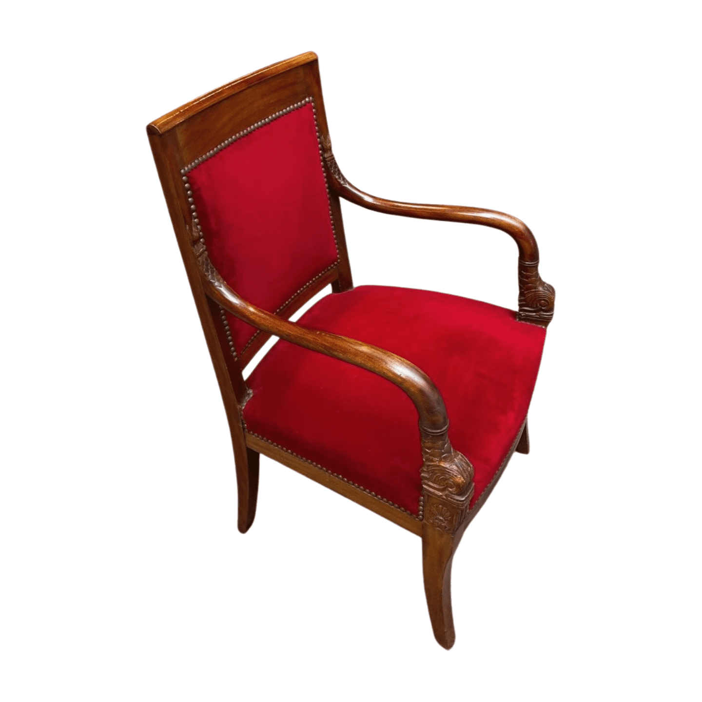 Fauteuil Empire en Acajou avec Velours Rouge