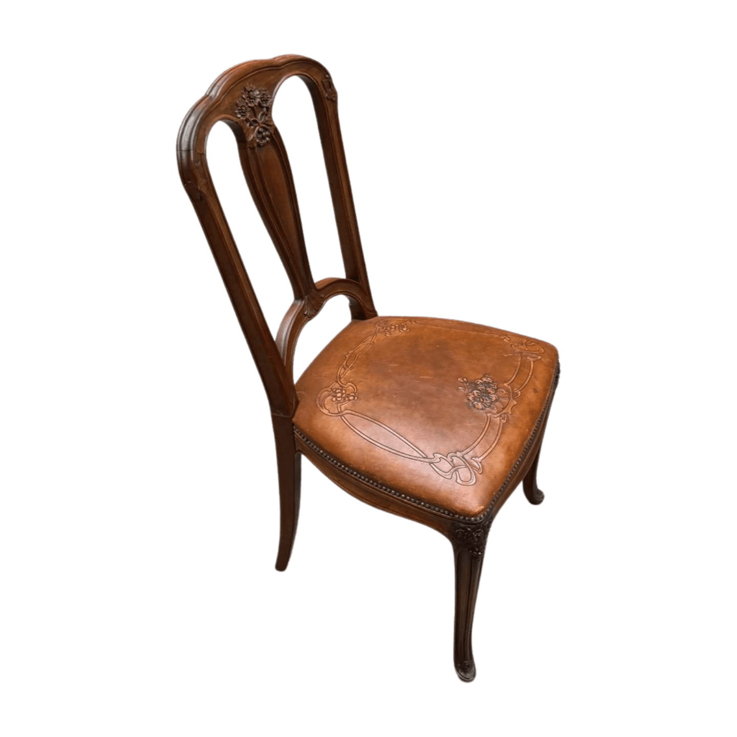 Chaise Art Nouveau en bois sculpté et cuir gravé – Élégance vintage intemporelle