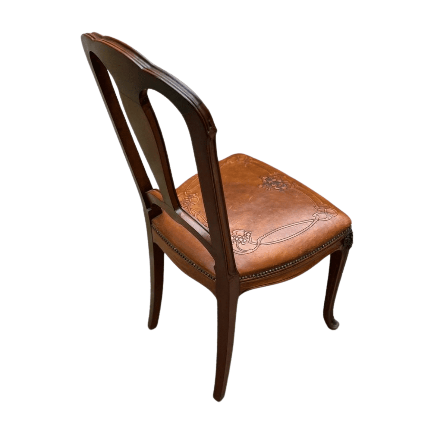 Chaise Art Nouveau en bois sculpté et cuir gravé – Élégance vintage intemporelle