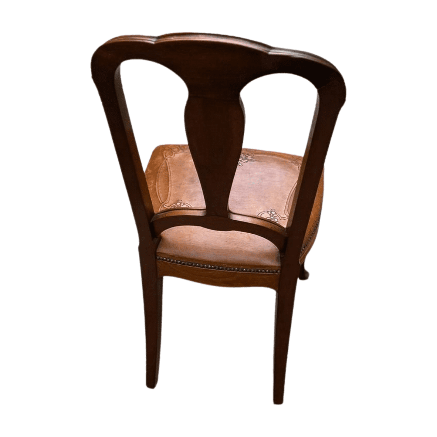 Chaise Art Nouveau en bois sculpté et cuir gravé – Élégance vintage intemporelle