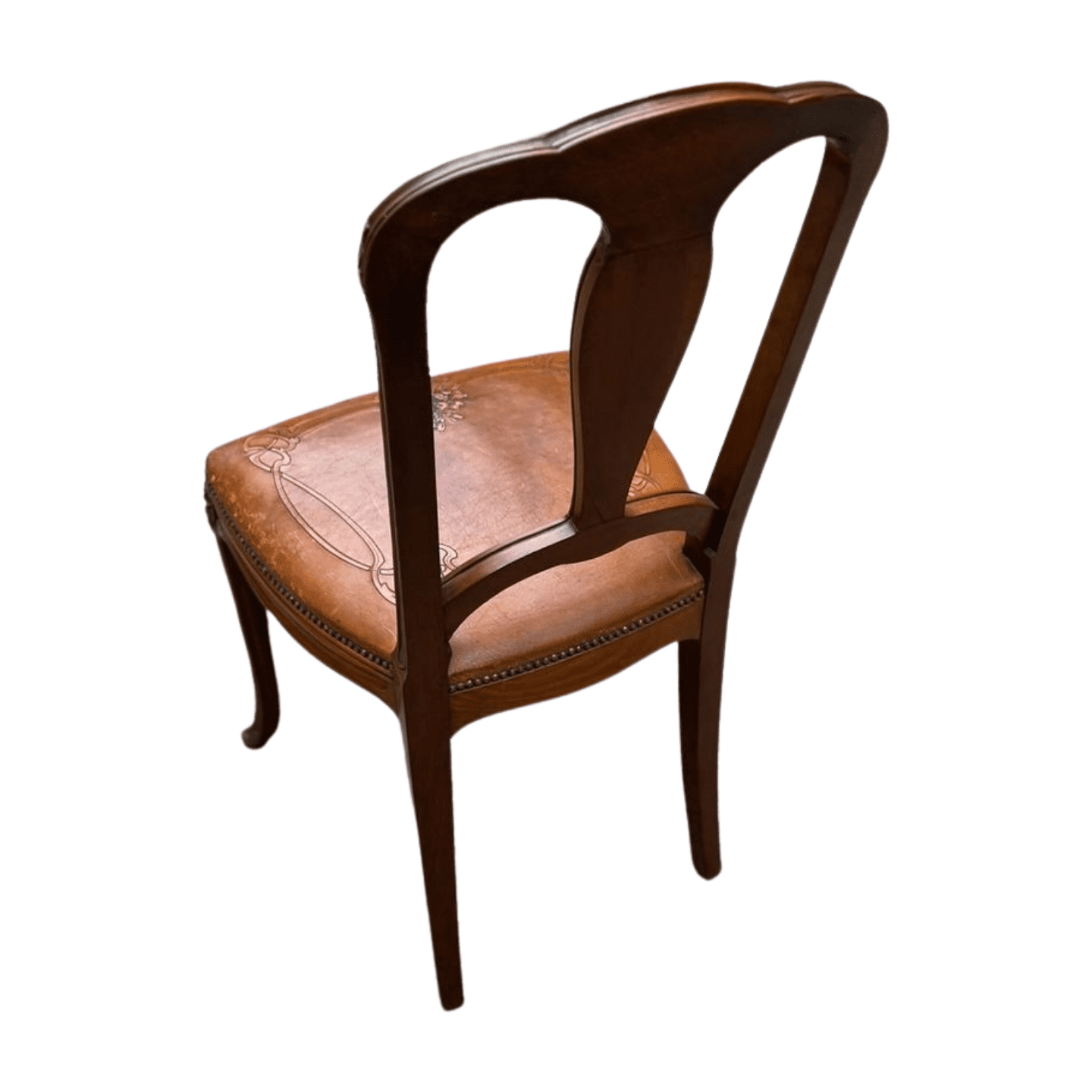 Chaise Art Nouveau en bois sculpté et cuir gravé – Élégance vintage intemporelle