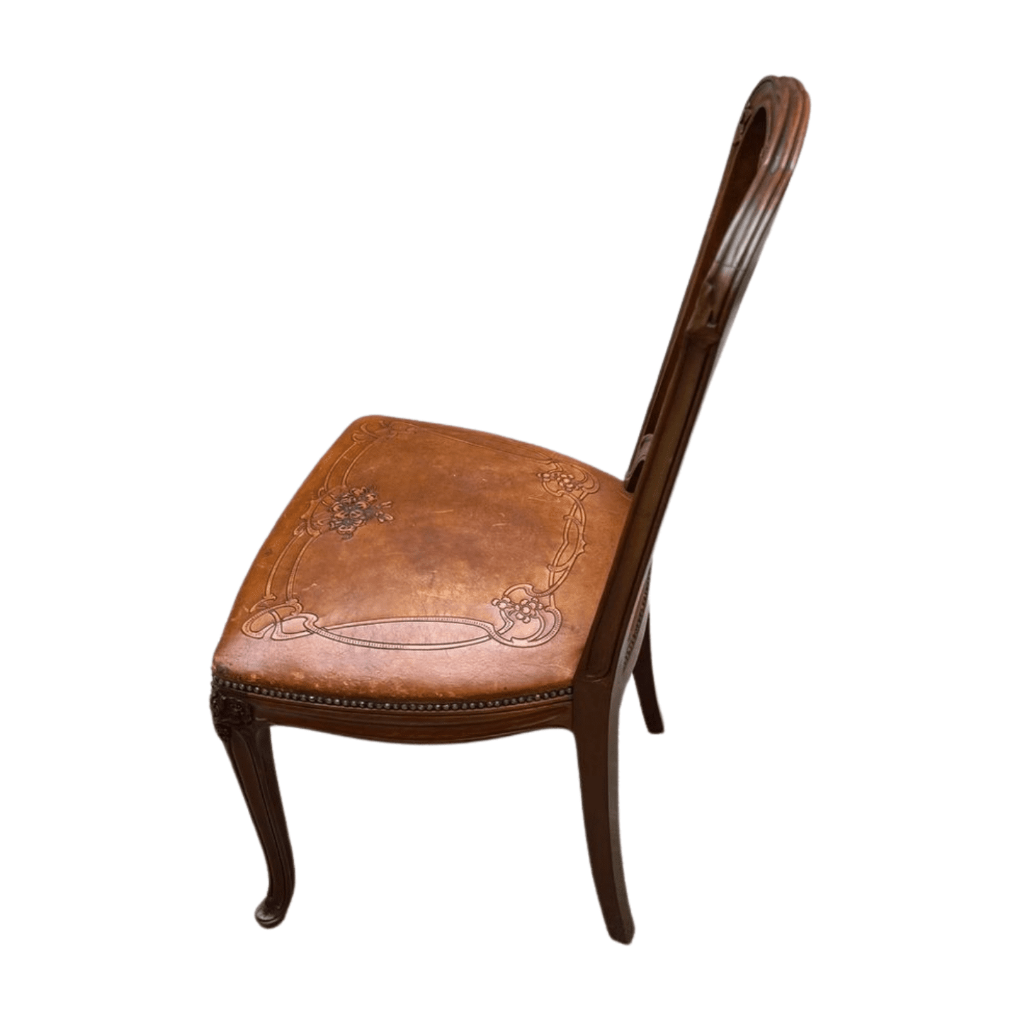 Chaise Art Nouveau en bois sculpté et cuir gravé – Élégance vintage intemporelle