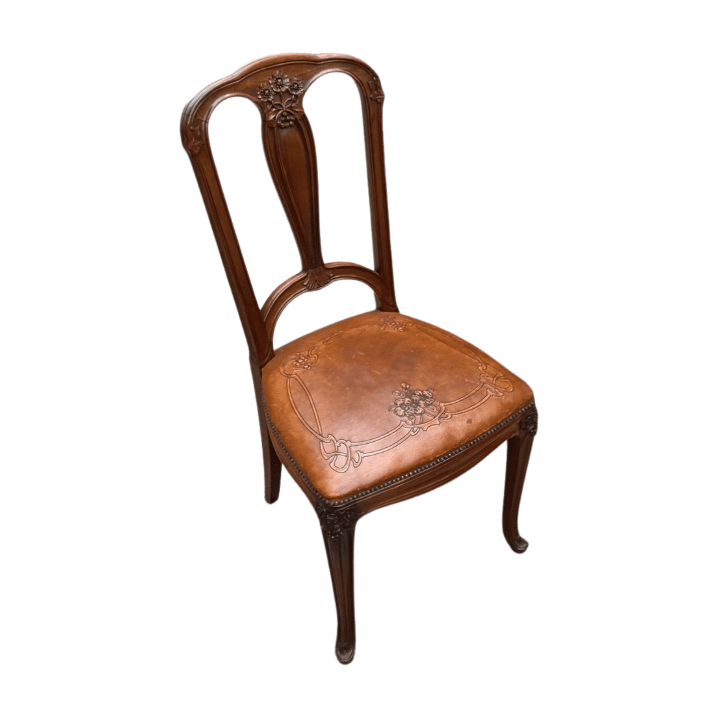Chaise Art Nouveau en bois sculpté et cuir gravé – Élégance vintage intemporelle