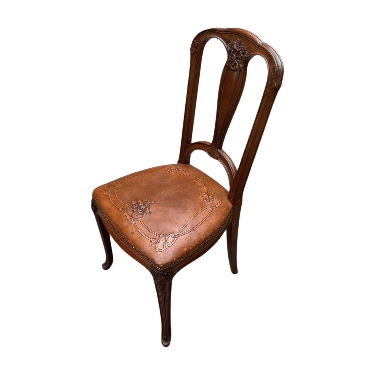 Chaise Art Nouveau en bois sculpté et cuir gravé – Élégance vintage intemporelle