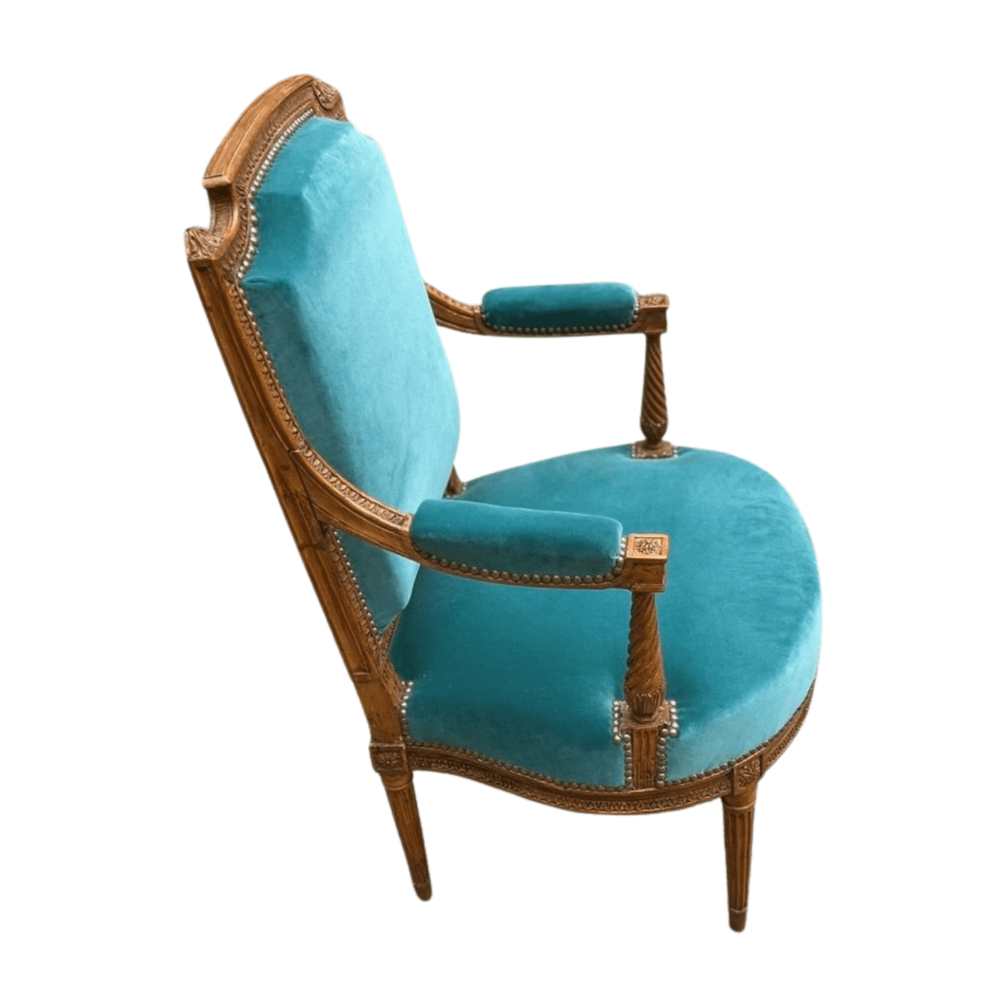 Fauteuil de couloir Louis XVI d’époque – Ornements sculptés et garniture en velours