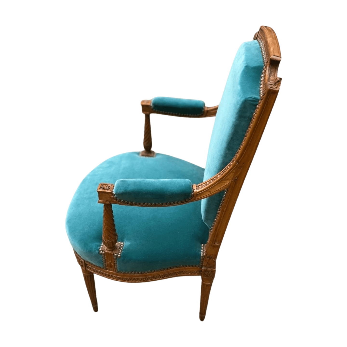 Fauteuil de couloir Louis XVI d’époque – Ornements sculptés et garniture en velours