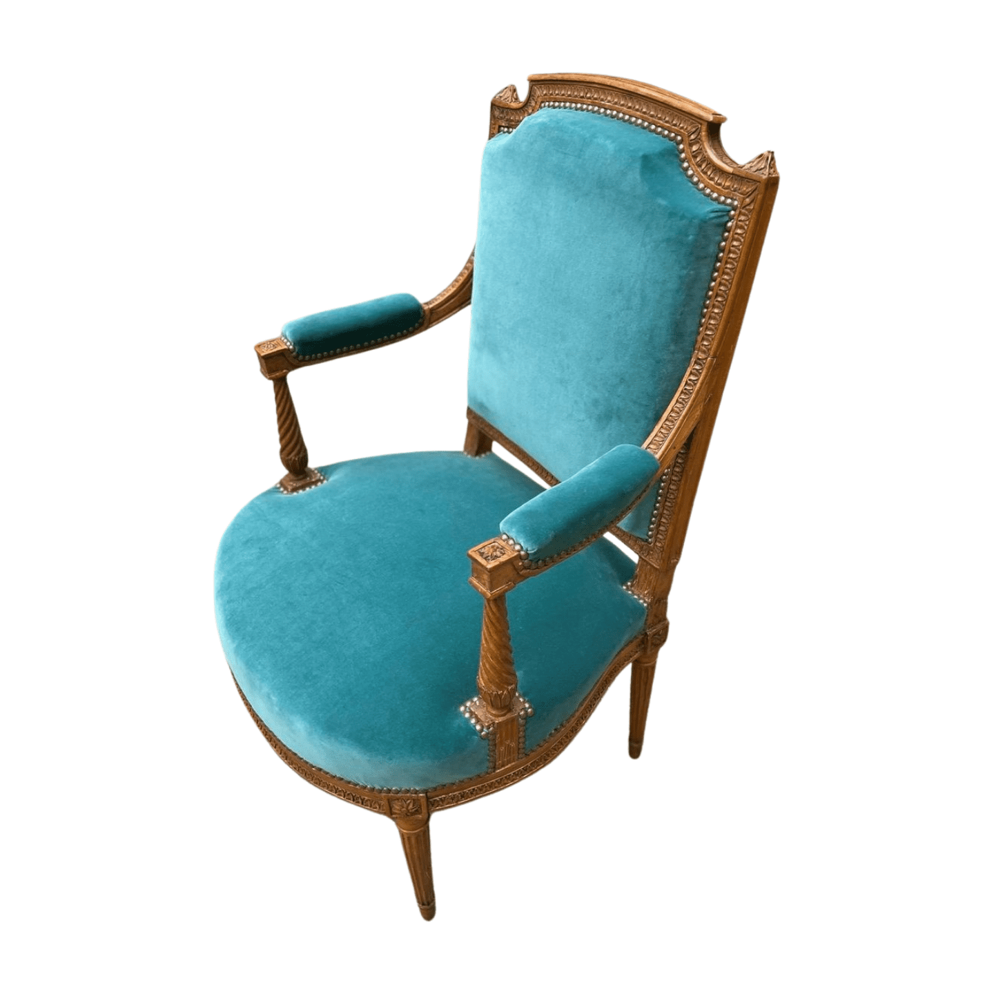 Fauteuil de couloir Louis XVI d’époque – Ornements sculptés et garniture en velours