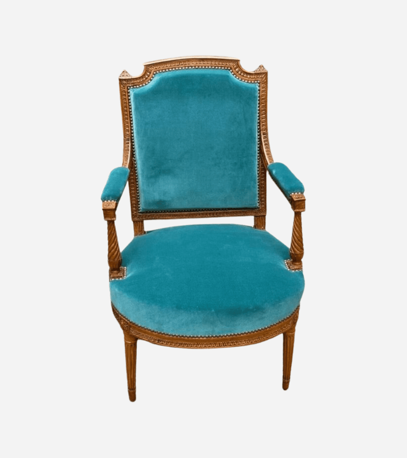 Fauteuil de couloir Louis XVI d’époque – Ornements sculptés et garniture en velours