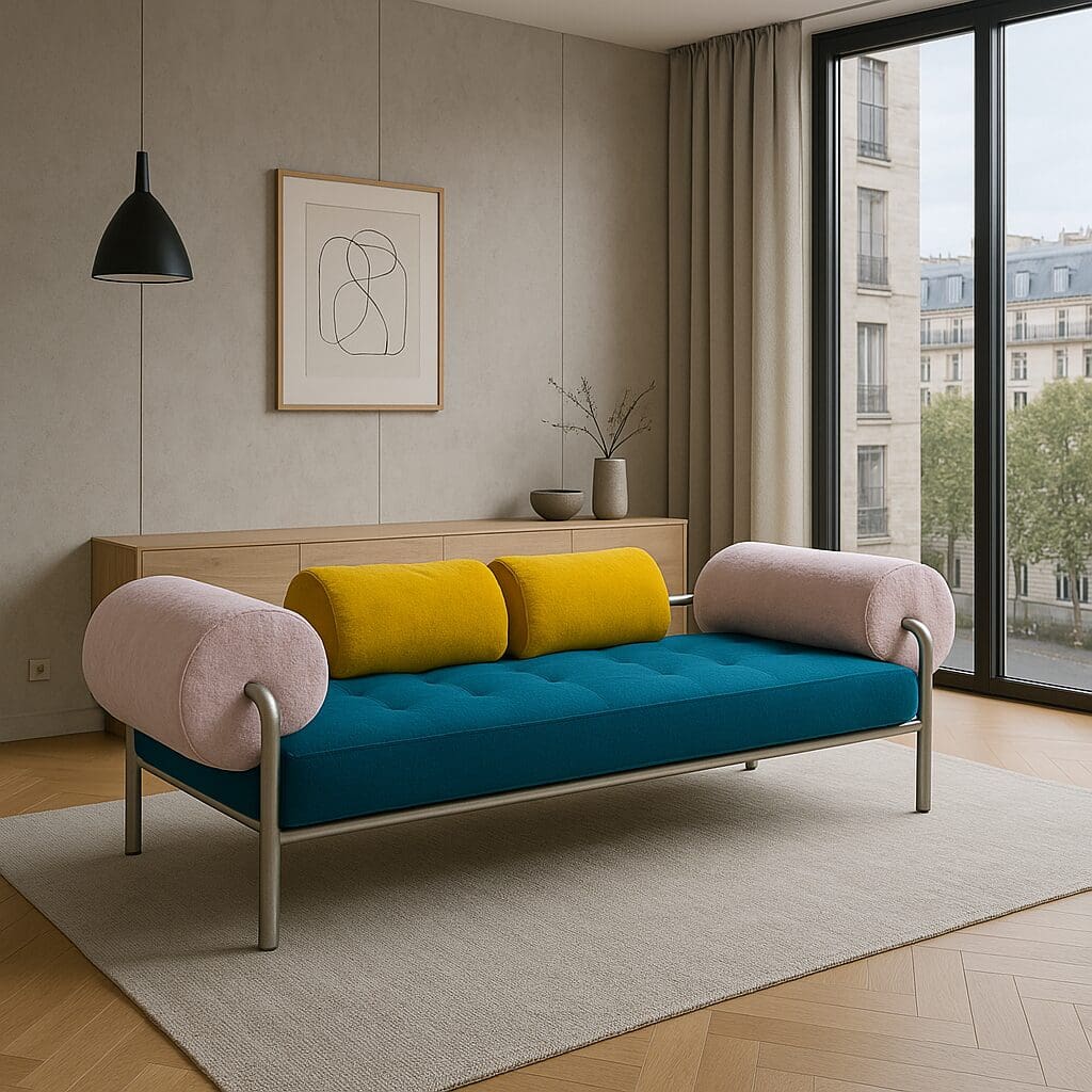 Canapé GAE AULENTI « One Off » – Design italien 1970, métal chromé et velours
