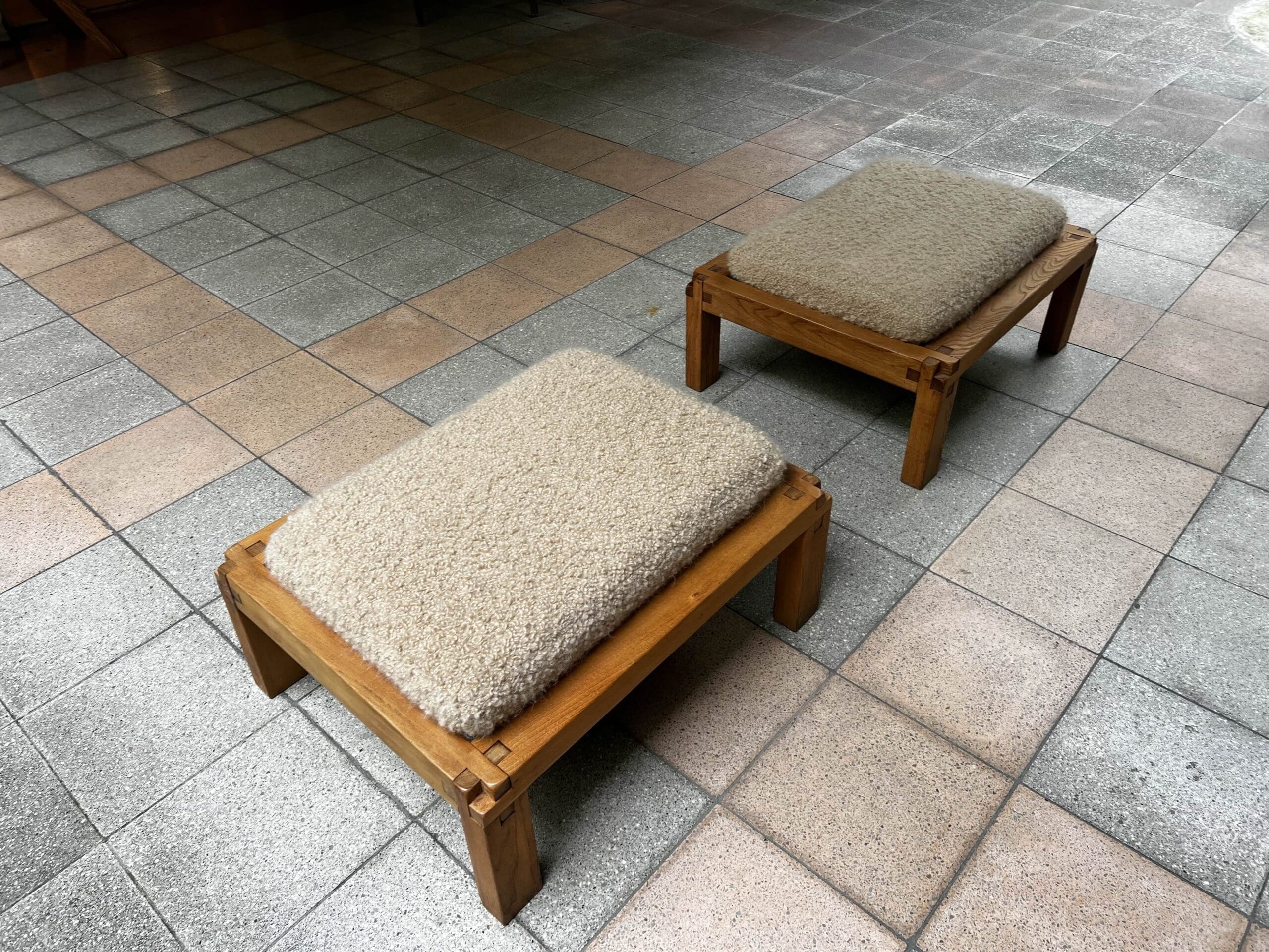 Tabourets Pierre Chapo S20R en Orme, Drap de Laine Pierre Frey