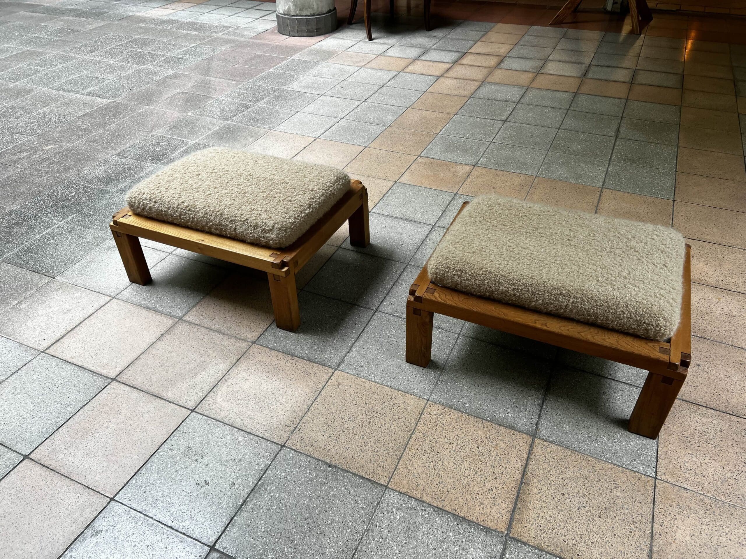 Tabourets Pierre Chapo S20R en Orme, Drap de Laine Pierre Frey