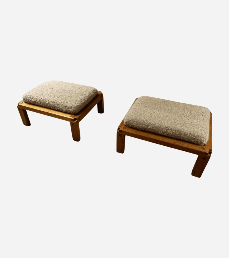 Tabourets Pierre Chapo S20R en Orme, Drap de Laine Pierre Frey