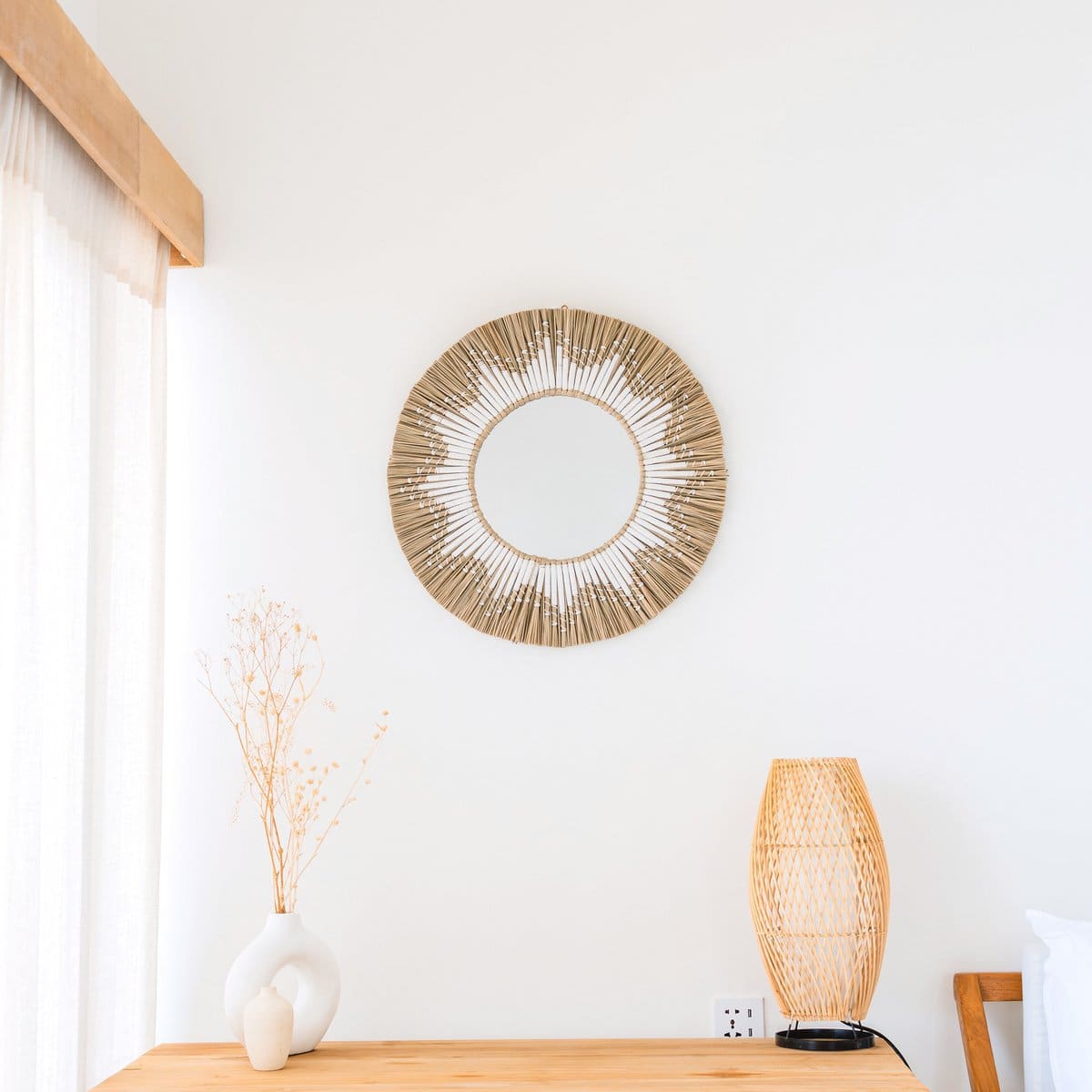 Miroir mural décoratif en jonc de mer – Randu Ø60 cm, création neuve artisanale d’Indonésie