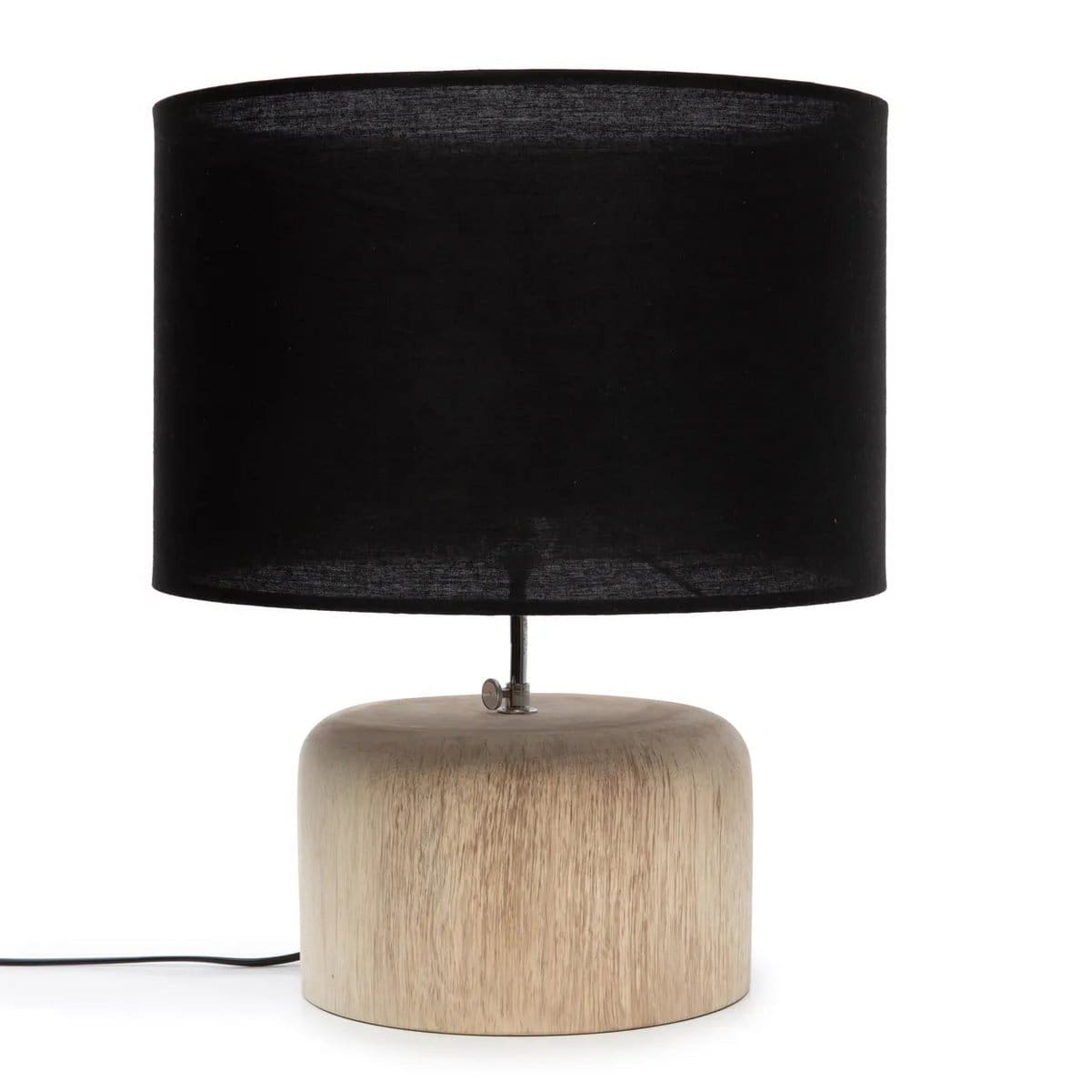 Lampe de table en teck naturel – Abat-jour noir, création artisanale neuve d’Indonésie