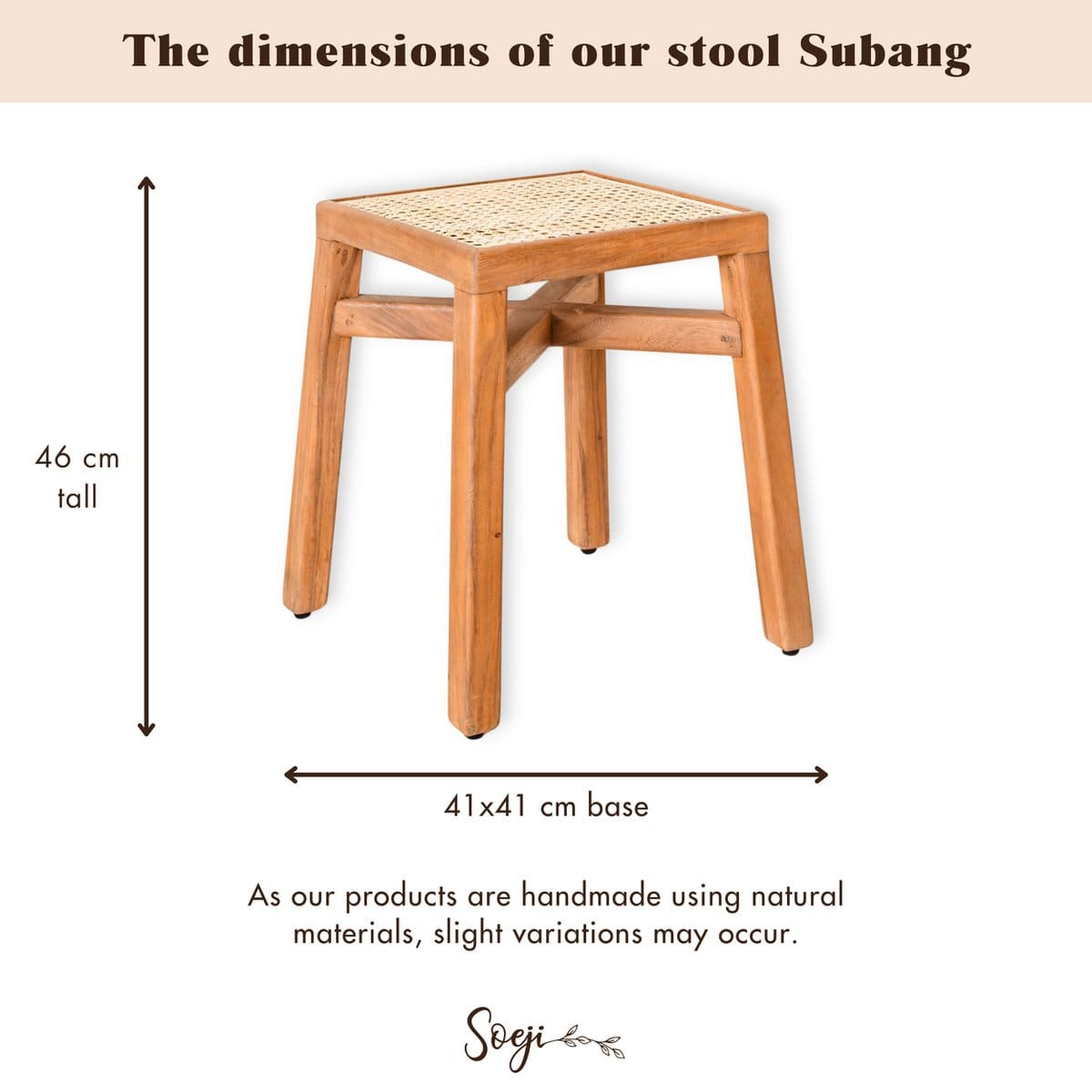 Tabouret carré fait main – Bois de trembesi et assise en rotin tressé, modèle Subang (neuf)