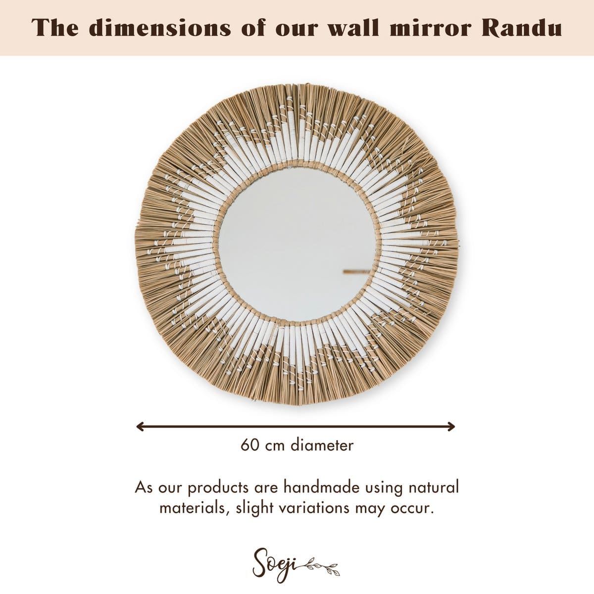Miroir mural décoratif en jonc de mer – Randu Ø60 cm, création neuve artisanale d’Indonésie