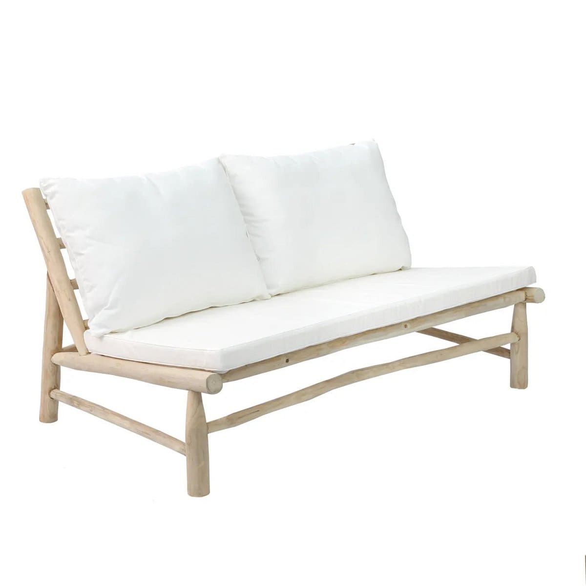 Canapé d’Été – Assise en bois clair et coussins ivoire, pièce neuve au charme balnéaire