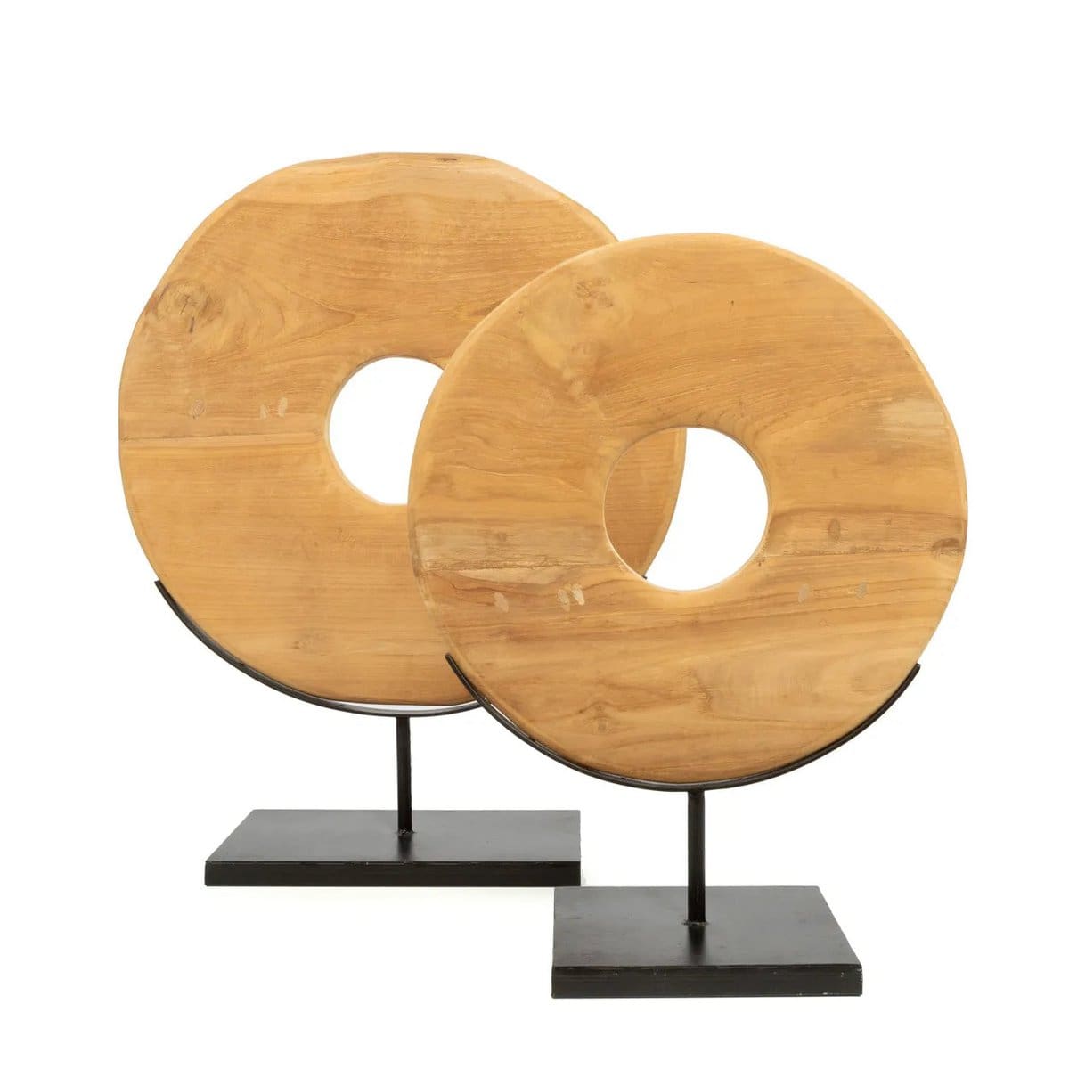 Le Disque en teck – Objet décoratif sur socle métallique noir (taille M, neuf)