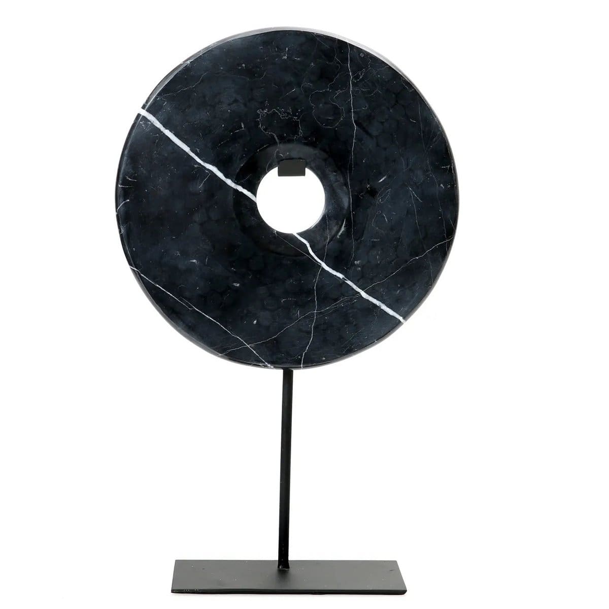 Disque en marbre noir sur socle – Sculpture décorative contemporaine grand format (L, pièce neuve)