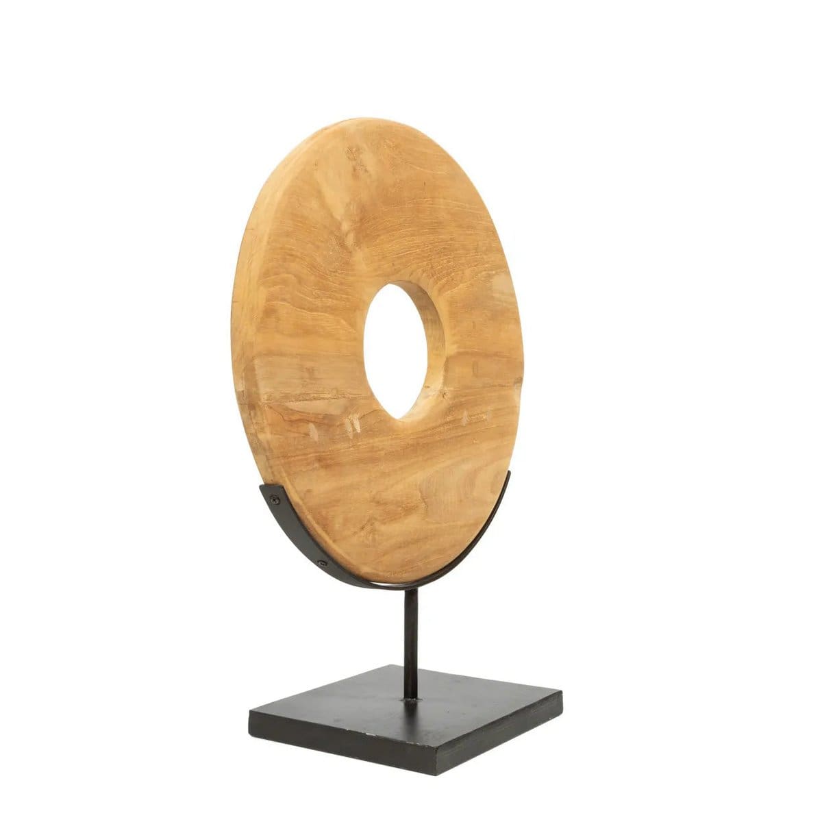 Le Disque en teck – Objet décoratif sur socle métallique noir (taille M, neuf)