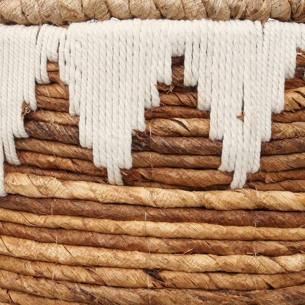 Panier à linge cousu en fibre de bananier – Couvercle et détails en coton blanc (M, neuf)