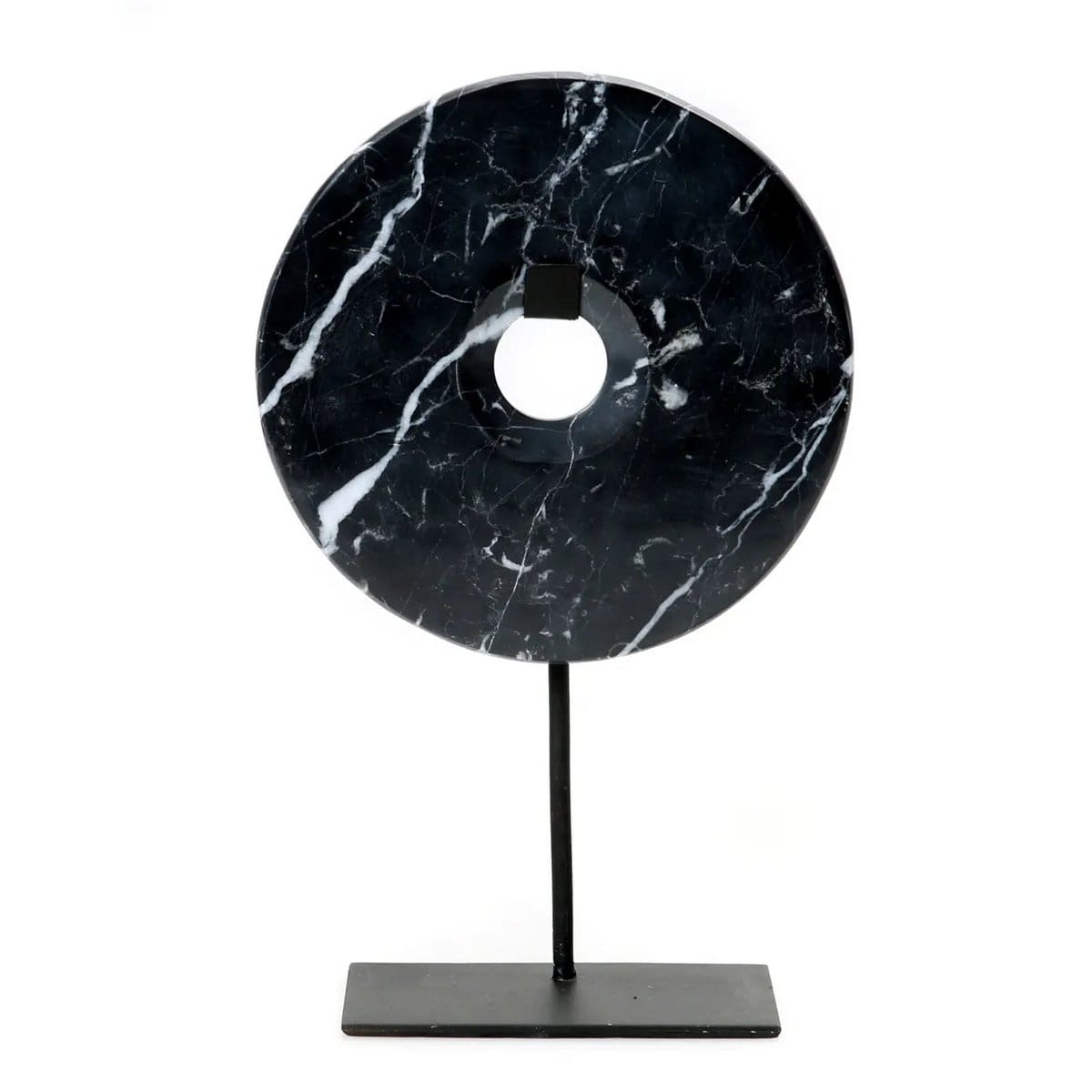 Disque en marbre noir sur socle – Sculpture décorative contemporaine grand format (L, pièce neuve)