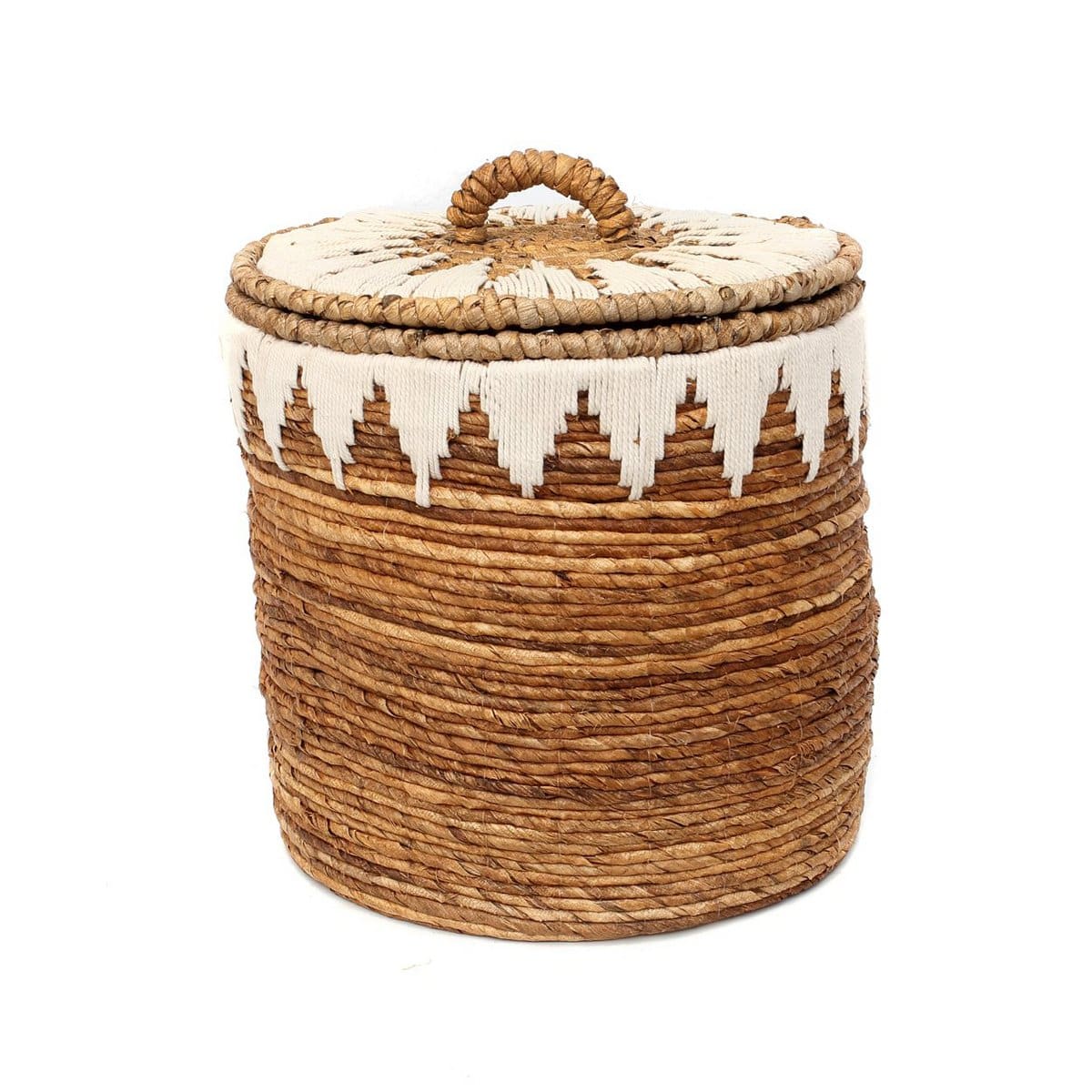 Panier à linge cousu en fibre de bananier – Couvercle et détails en coton blanc (M, neuf)