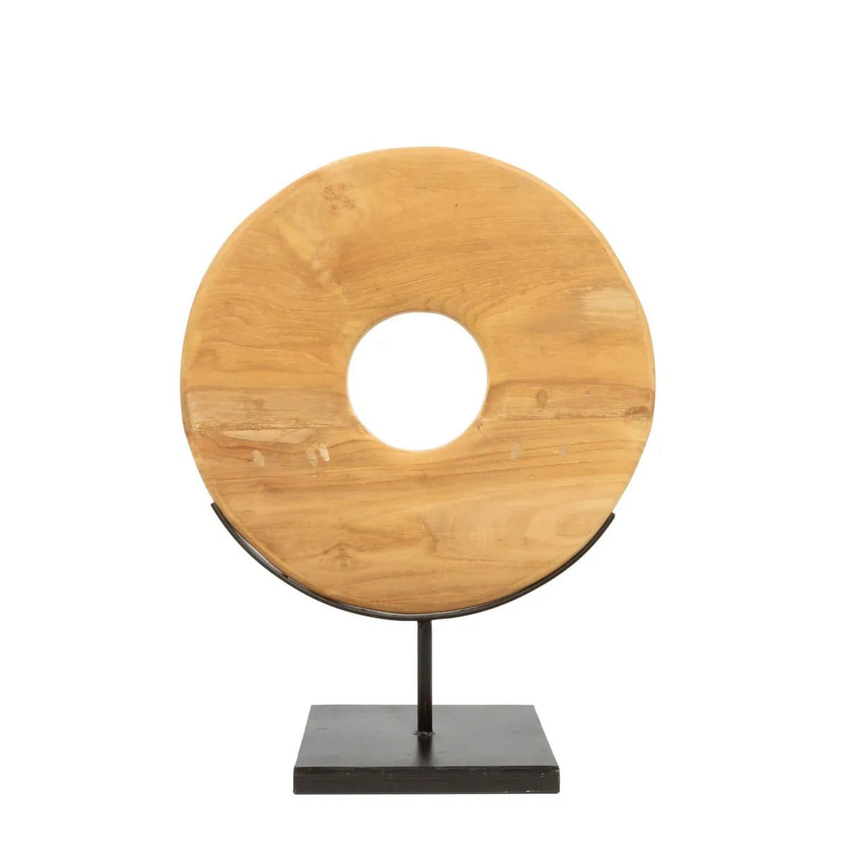 Le Disque en teck – Objet décoratif sur socle métallique noir (taille M, neuf)