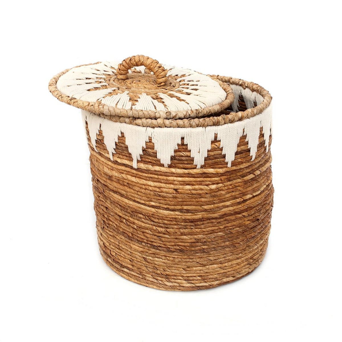 Panier à linge cousu en fibre de bananier – Couvercle et détails en coton blanc (M, neuf)