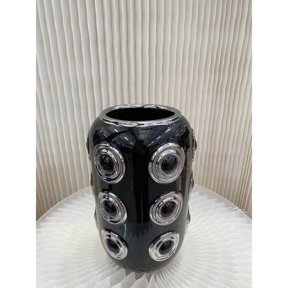 Vase de table moderne – Noir laqué et cercles dorés en volume (création neuve)