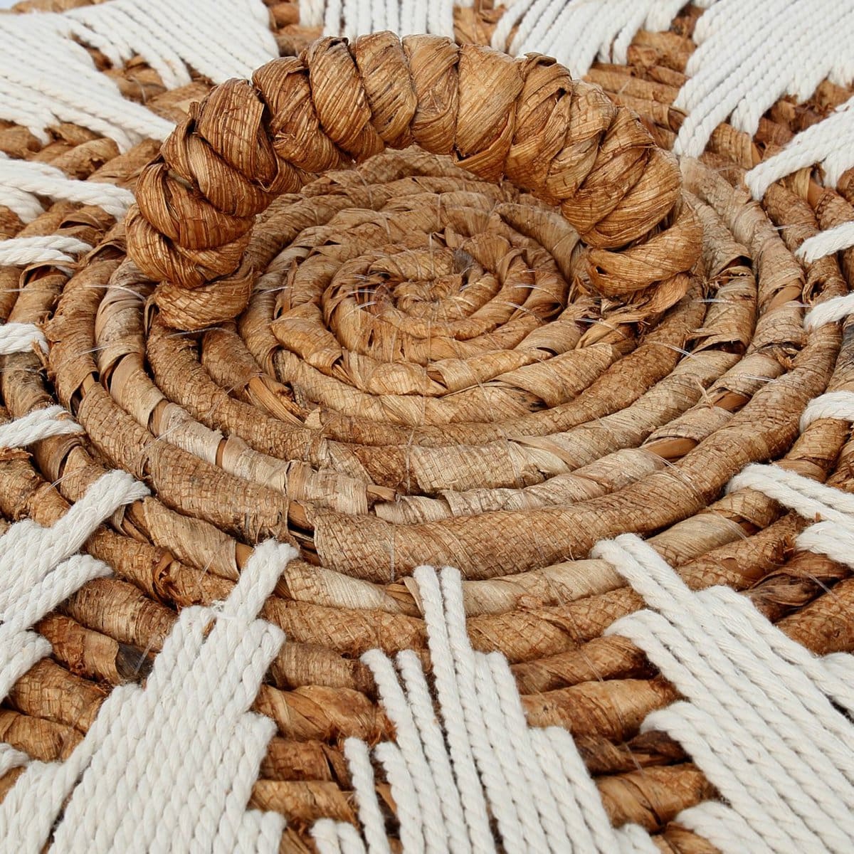 Panier à linge cousu en fibre de bananier – Couvercle et détails en coton blanc (M, neuf)