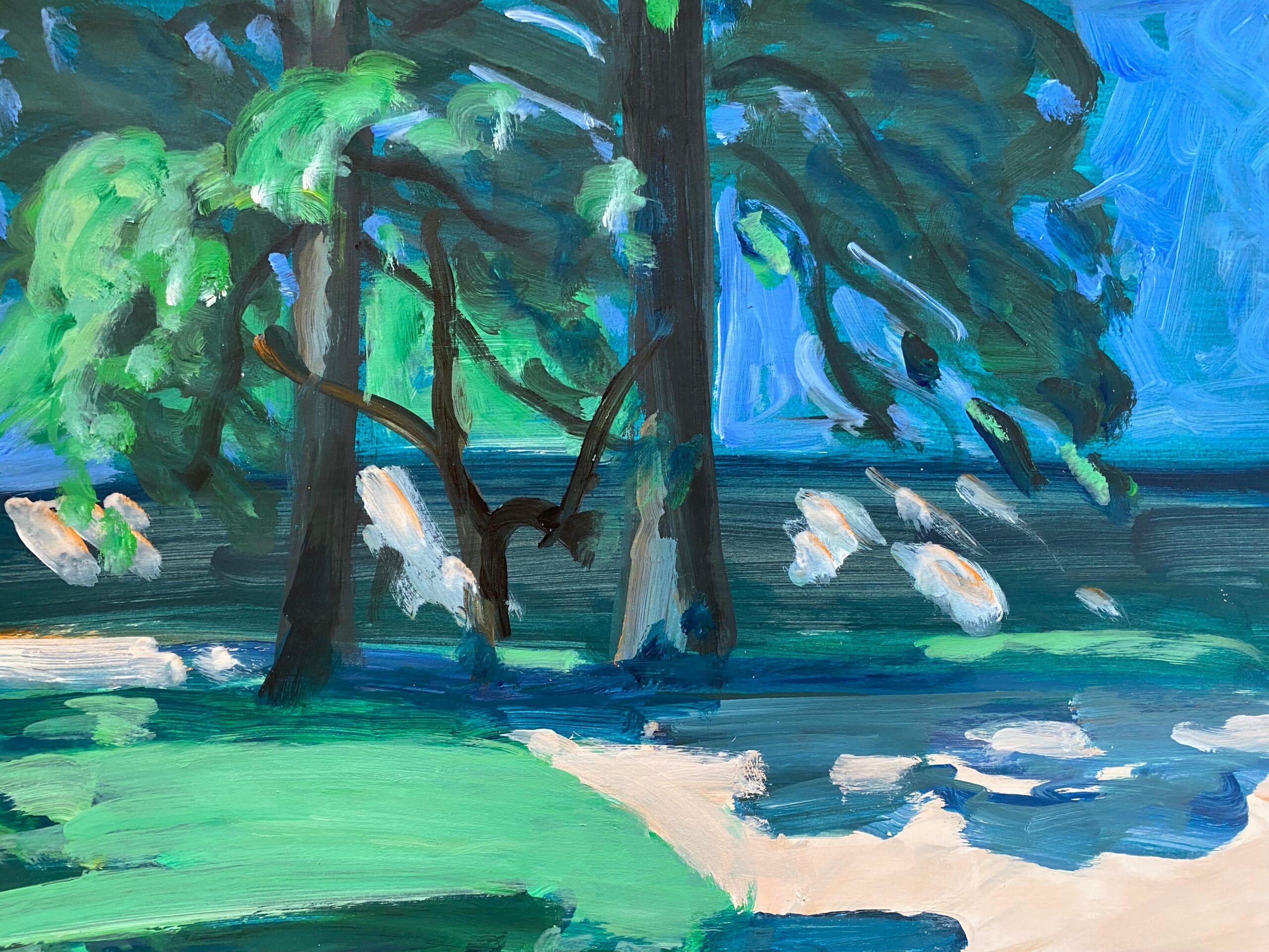 Jacques Poncet – La Terrasse Ombragée (1989), acrylique sur papier – Peinture figurative
