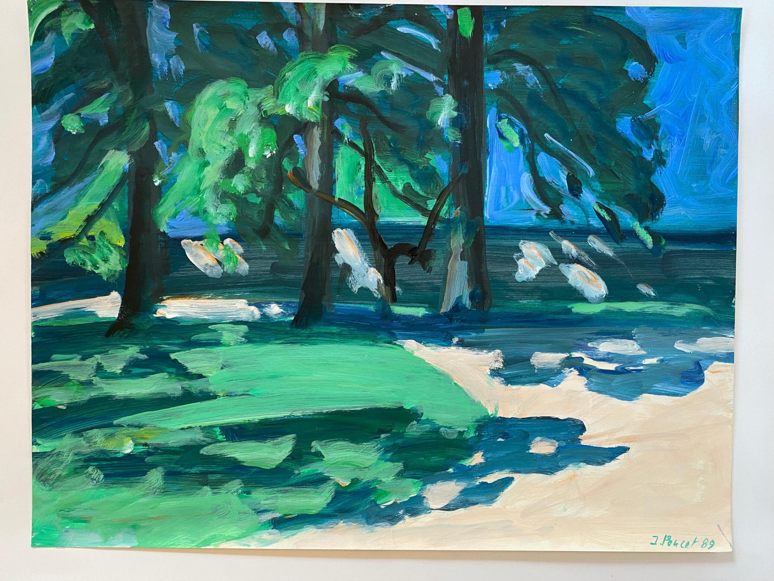 Jacques Poncet – La Terrasse Ombragée (1989), acrylique sur papier – Peinture figurative