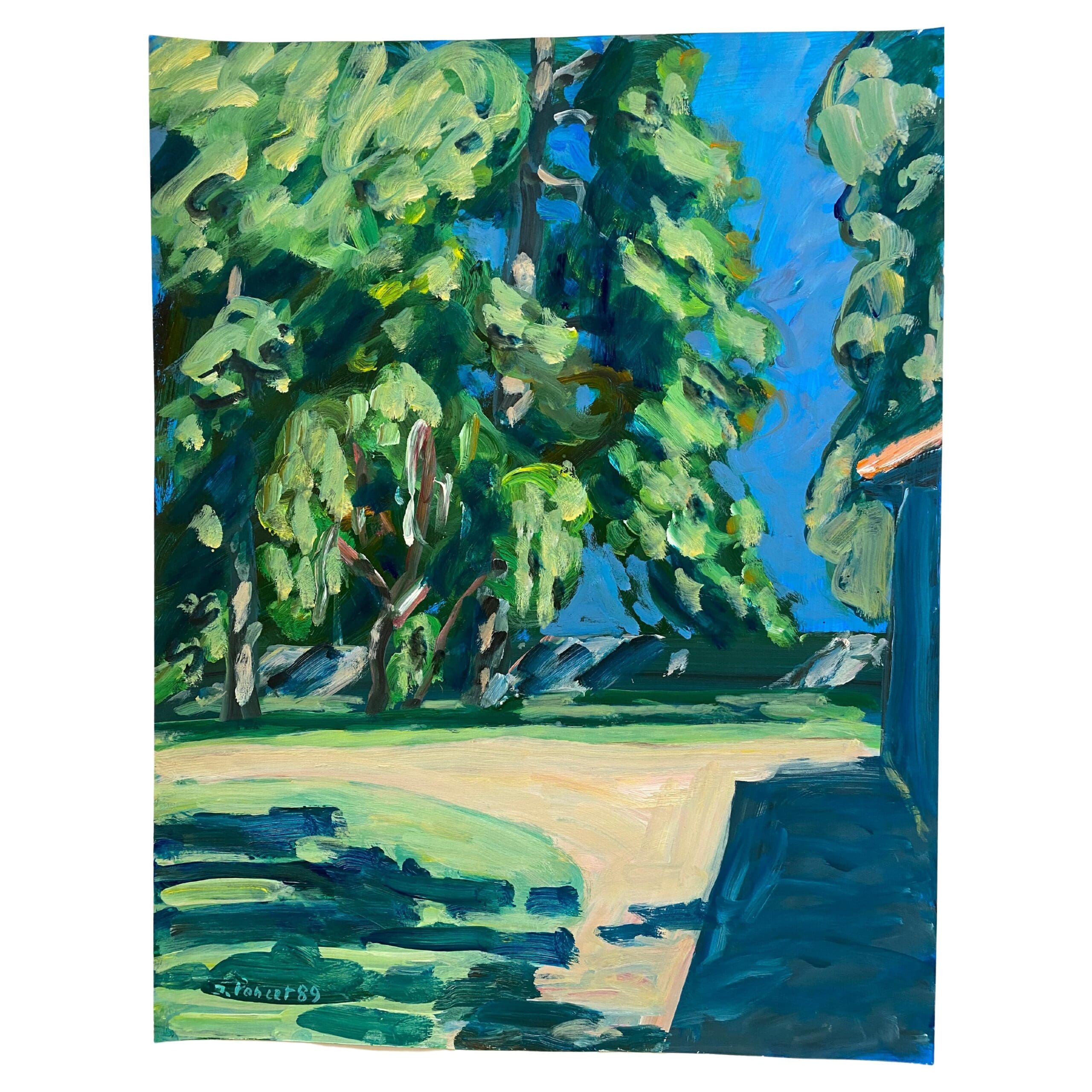 Jacques Poncet – Les Arbres derrière la maison (1989), acrylique sur papier – Peinture figurative