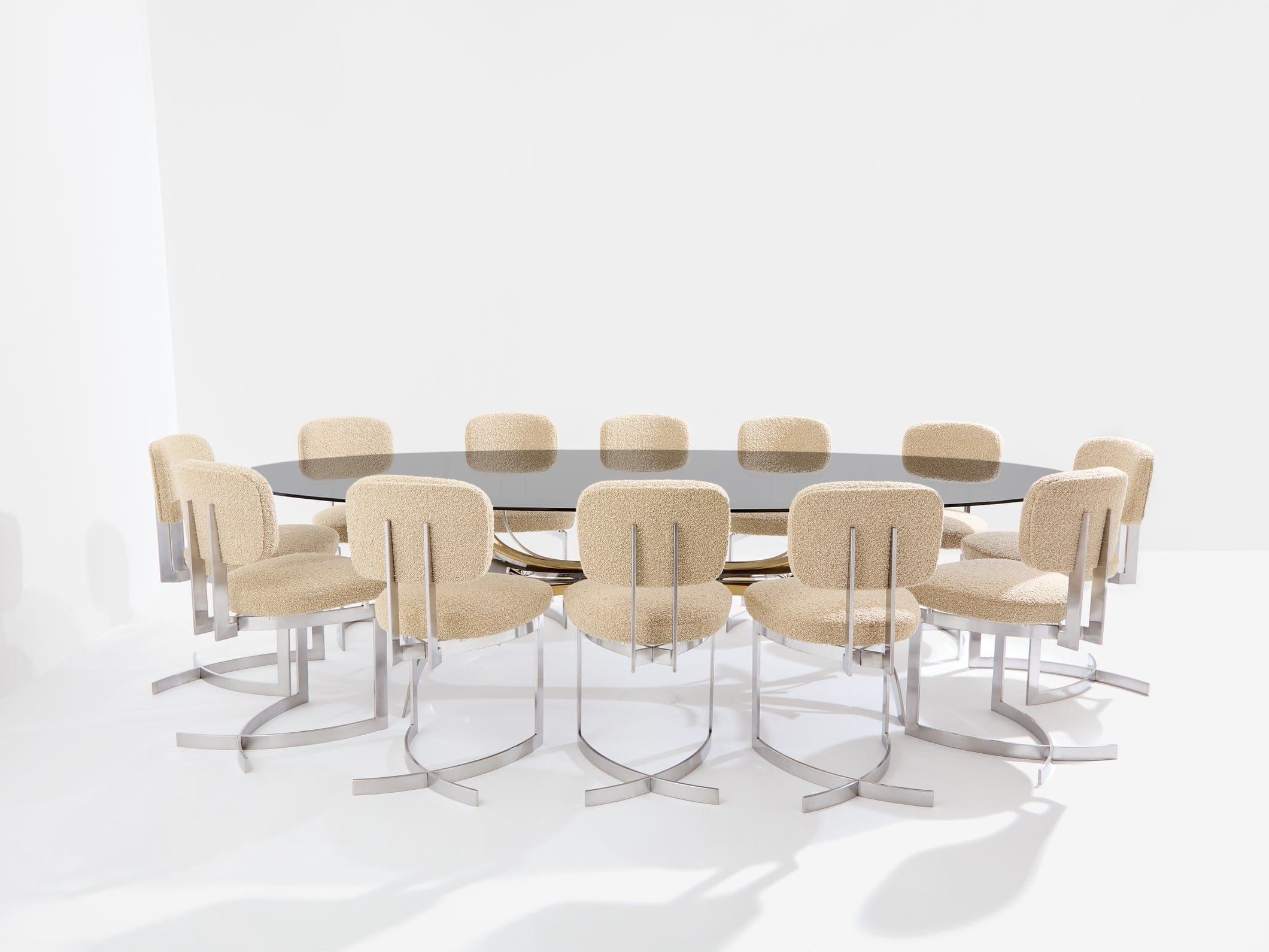 Table Maria Pergay « Gerbe » en acier, laiton et verre fumé – France 1970