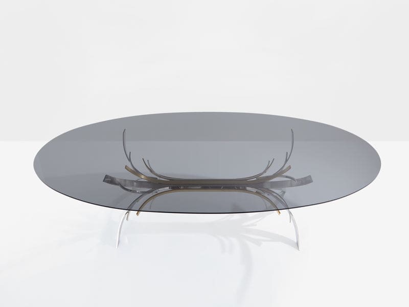 Table Maria Pergay « Gerbe » en acier, laiton et verre fumé – France 1970
