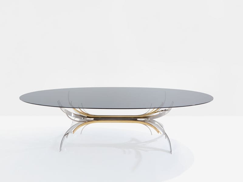 Table Maria Pergay « Gerbe » en acier, laiton et verre fumé – France 1970