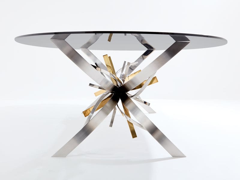Table Maria Pergay « Gerbe » en acier, laiton et verre fumé – France 1970