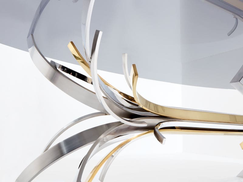 Table Maria Pergay « Gerbe » en acier, laiton et verre fumé – France 1970