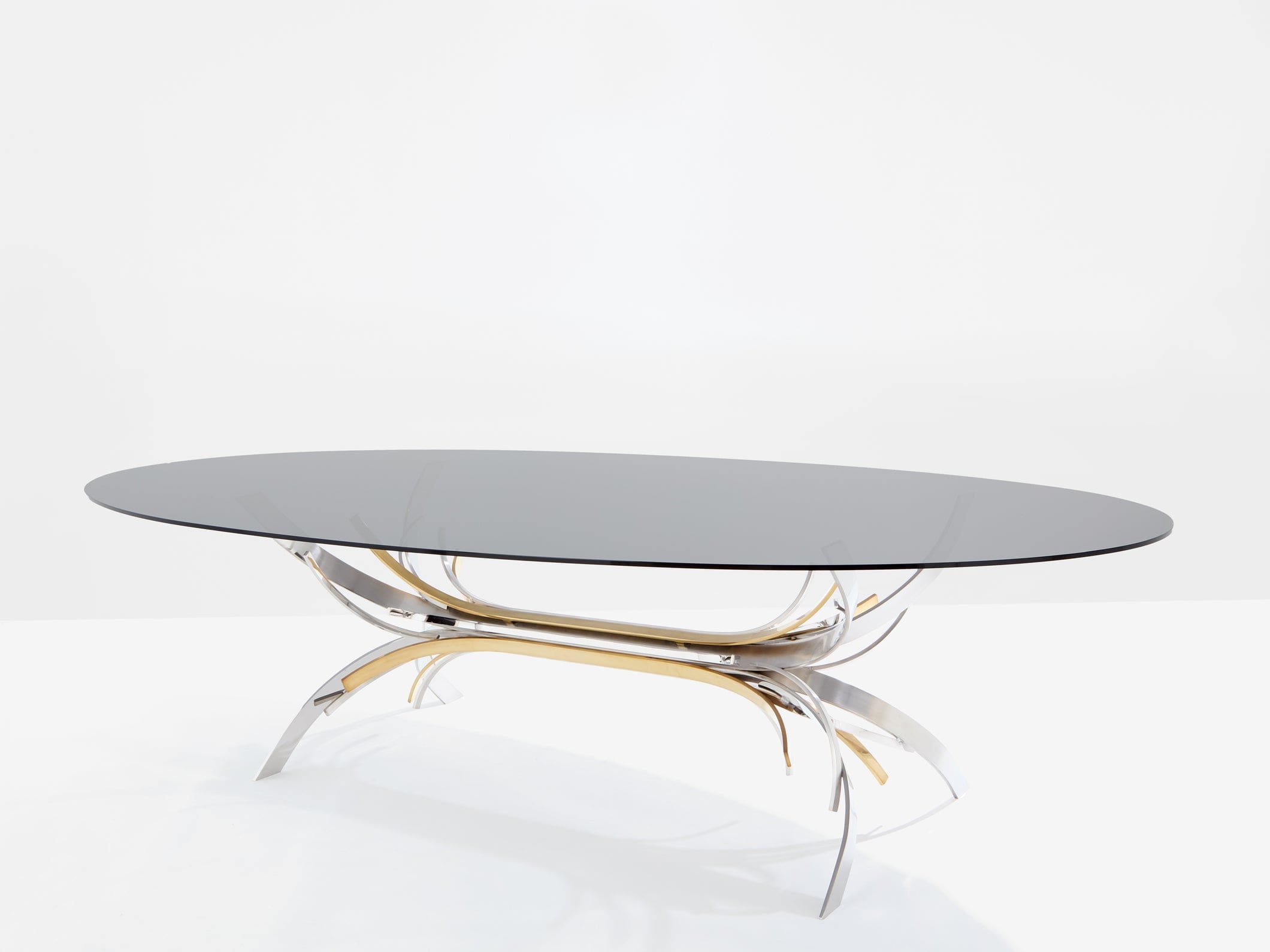 Table Maria Pergay « Gerbe » en acier, laiton et verre fumé – France 1970