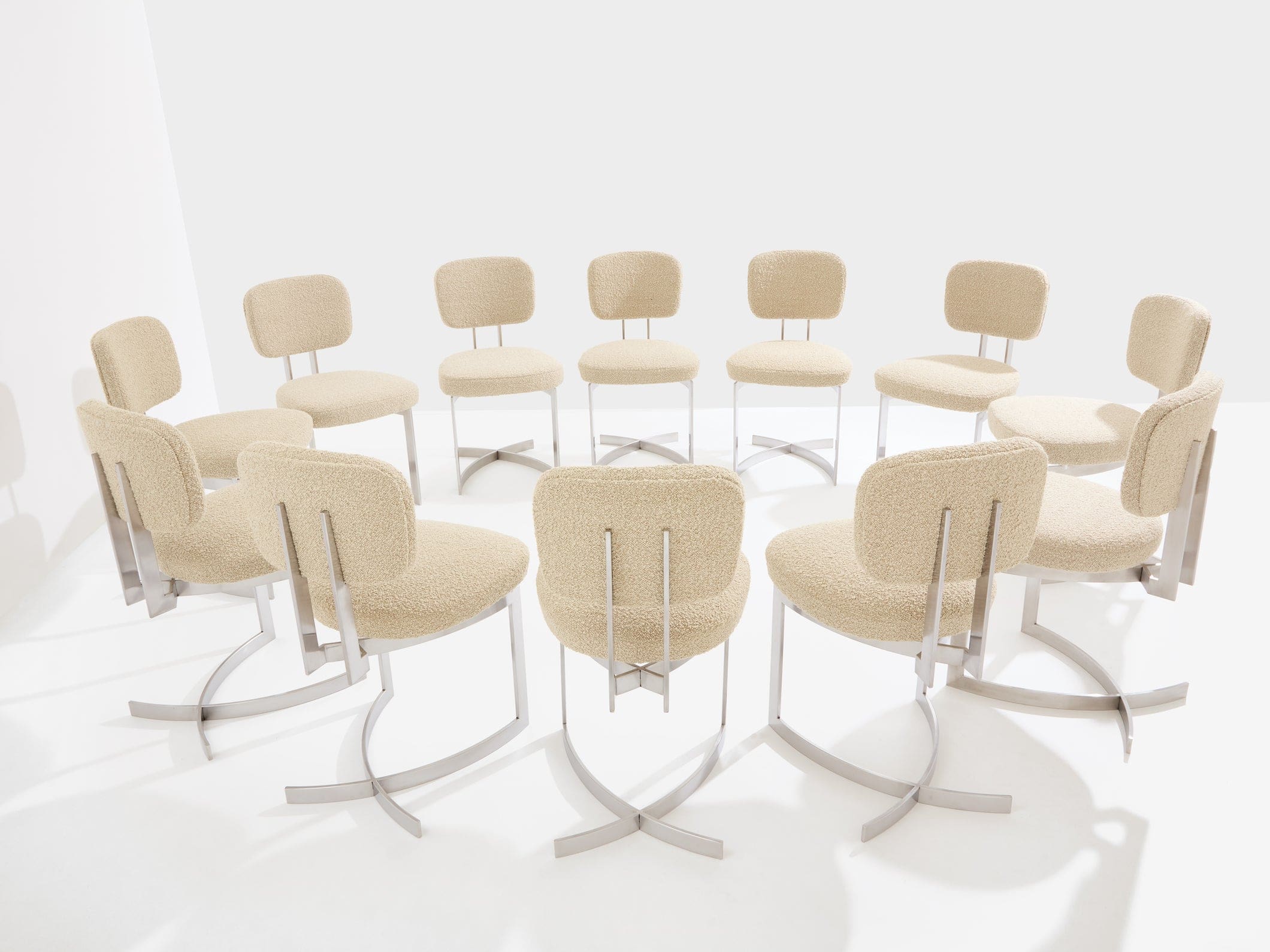 Set de 12 chaises Paul Legeard en inox et laine bouclée, France 1970