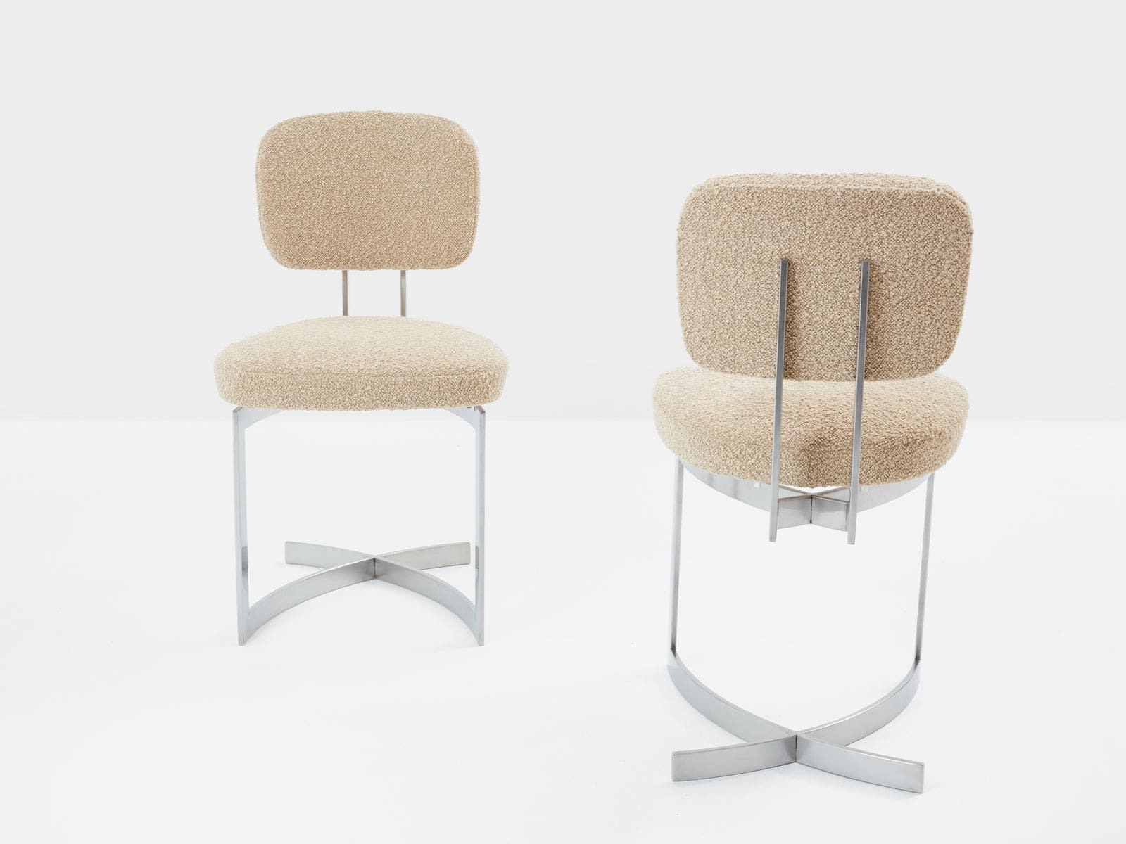 Set de 12 chaises Paul Legeard en inox et laine bouclée, France 1970