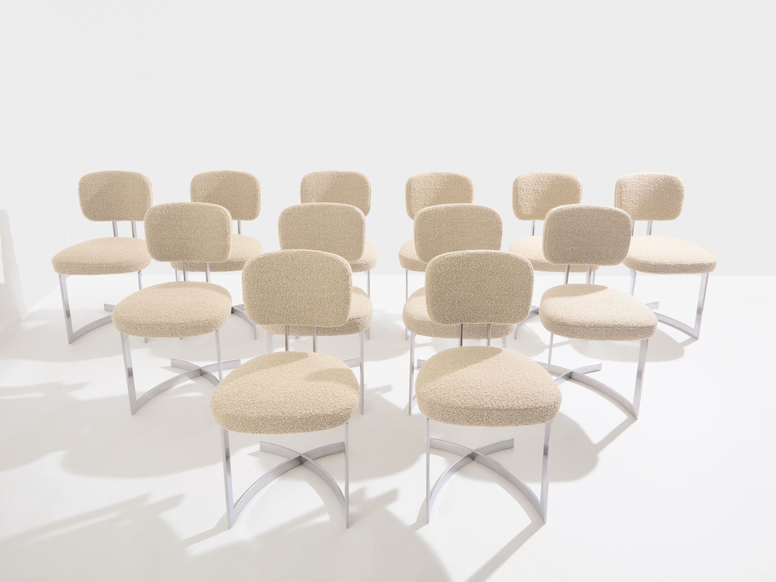 Set de 12 chaises Paul Legeard en inox et laine bouclée, France 1970