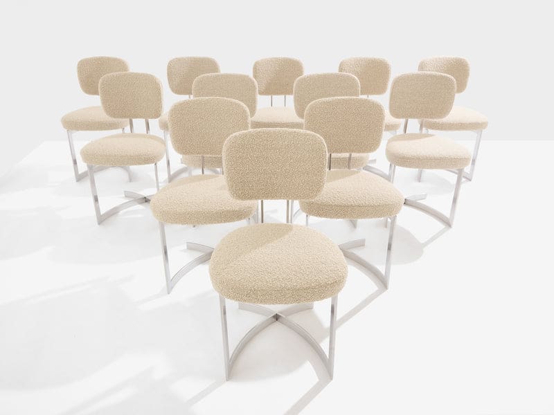 Set de 12 chaises Paul Legeard en inox et laine bouclée, France 1970