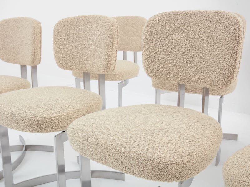Set de 12 chaises Paul Legeard en inox et laine bouclée, France 1970